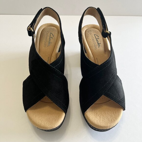 Clarks Comfort Giselle Cove Platform Wedge Suede Slingback Sandal in Blk/Blk 6 - Picture 7 of 16